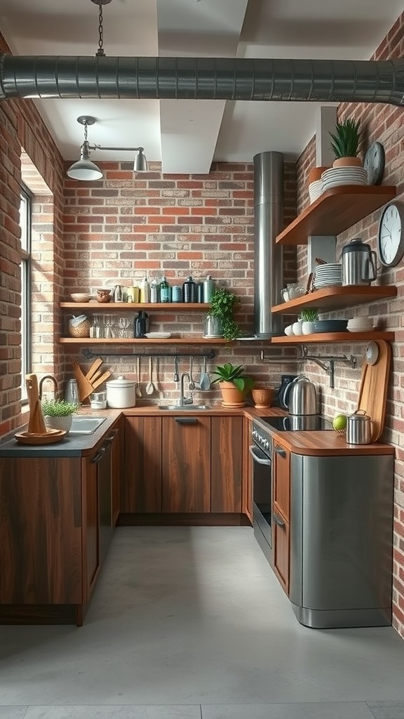 Chic industrial style kitchen featuring exposed brick walls, wooden cabinets, open shelving, and modern appliances.