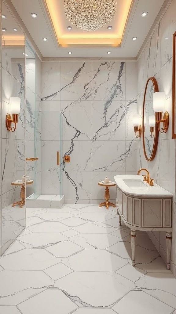 Luxurious bathroom featuring chic marble surfaces, gold fixtures, and elegant lighting.