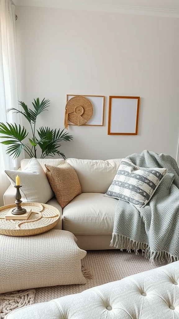 Cozy farmhouse living room with a soft beige couch, textured pillows, woven accents, and a green plant.
