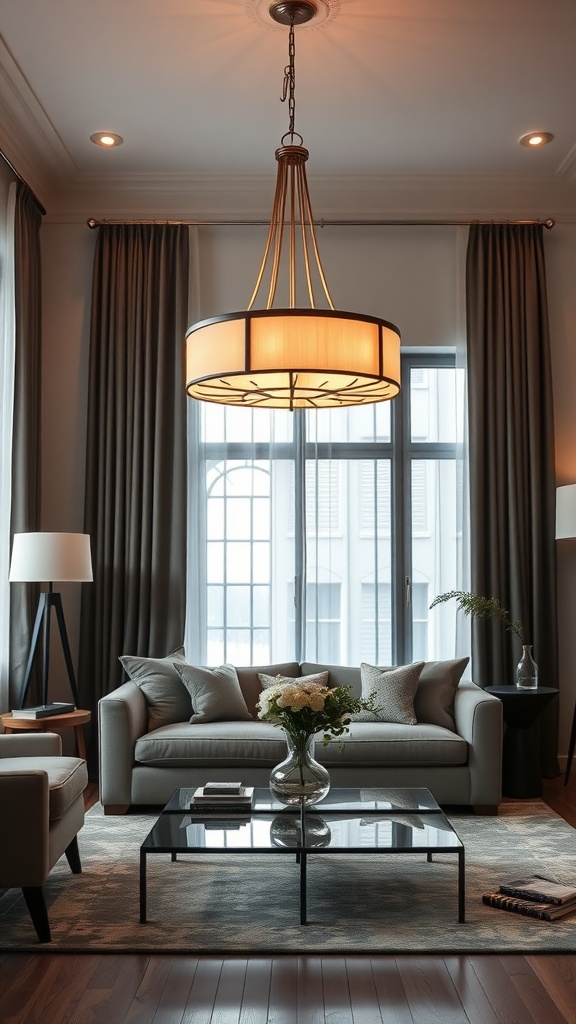 Chic pendant light above a coffee table in a stylish living room