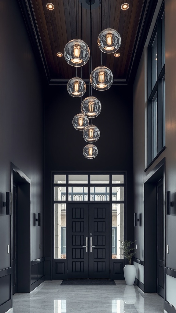 Chic pendant lights hanging in a modern entrance hall with dark walls and a stylish door.