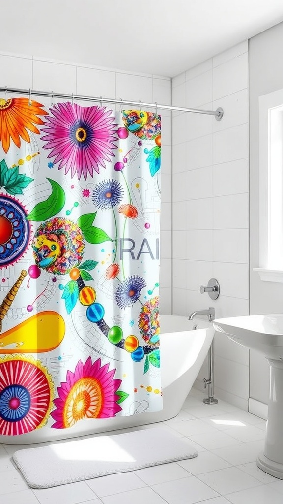 Colorful floral shower curtain in a stylish bathroom setting