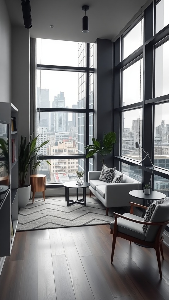 A stylish reading nook in an urban apartment with large windows and modern furniture.