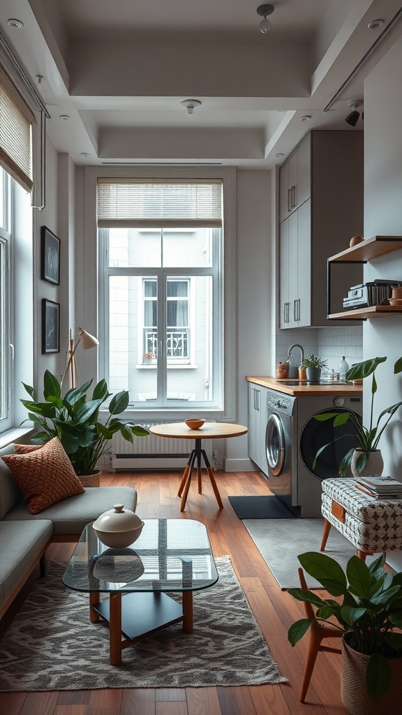 A stylish kitchen nook with a cozy seating area, round table, and plants, showcasing a chic urban design.