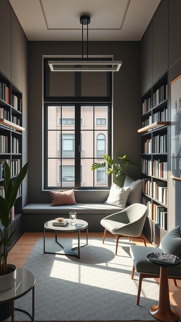 Stylish urban library with bookshelves, a window seat, and modern furniture.