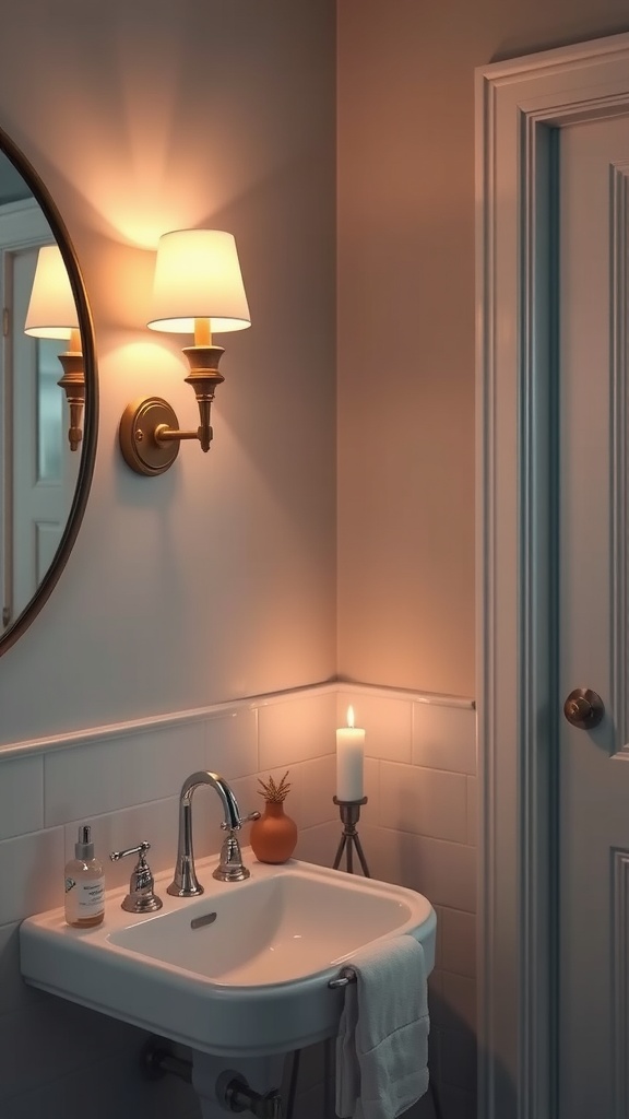 A chic bathroom with wall sconces, a round mirror, and soft lighting.