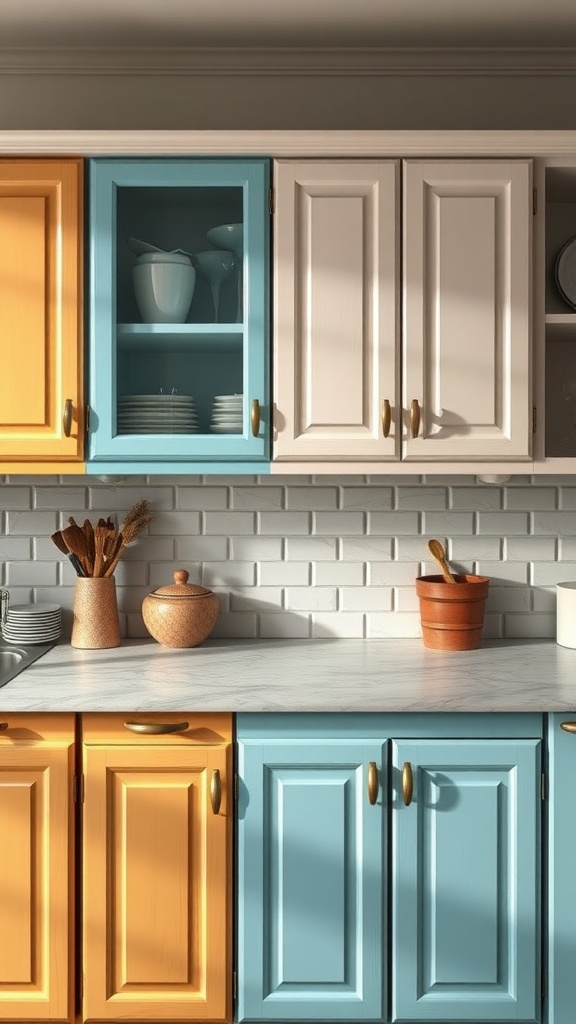 A colorful kitchen with orange and blue cabinets, showcasing a modern design.
