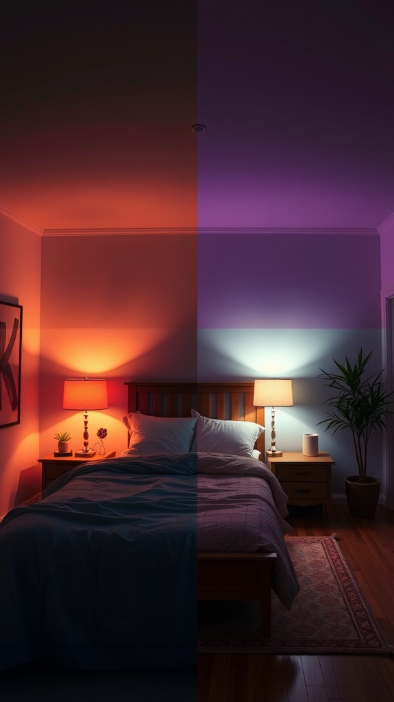A split view of a bedroom showing warm orange lighting on one side and cool blue lighting on the other.