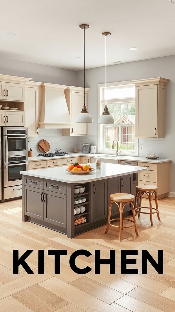 A U-shaped kitchen with a functional island, featuring storage and seating.