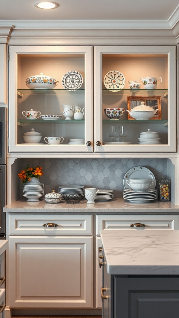 A small kitchen featuring glass cabinet doors displaying elegant dishware.