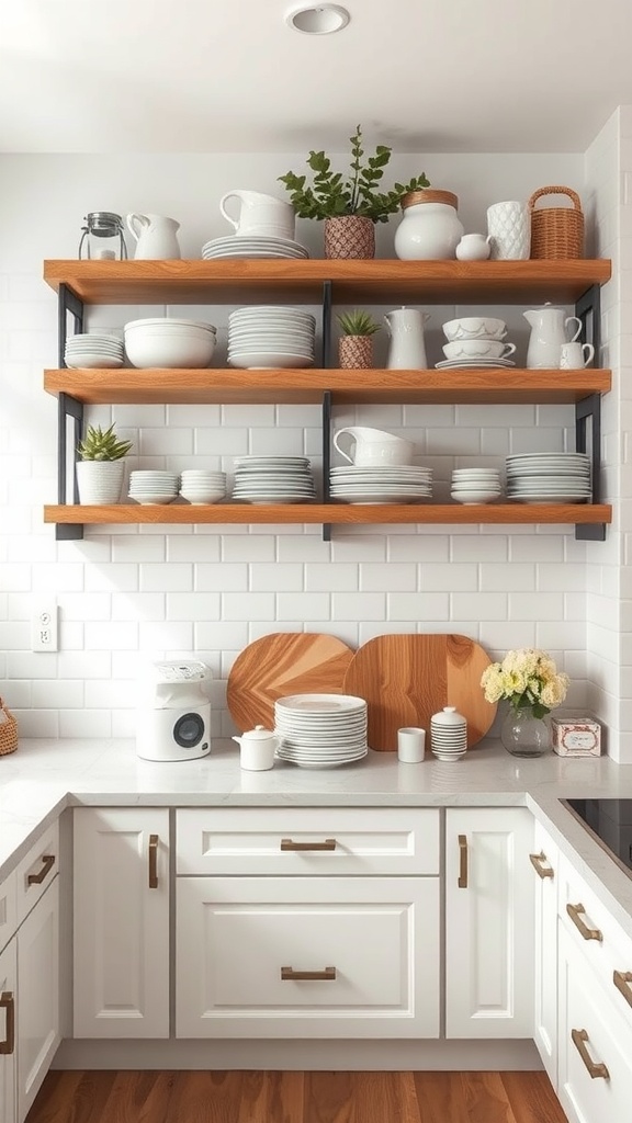 A stylish kitchen with open wooden shelves displaying dishes and decorative items.