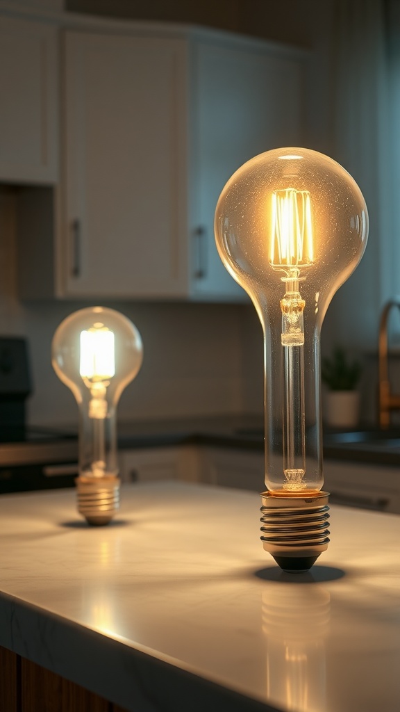 Two light bulbs on a kitchen countertop: an incandescent bulb on the left and an LED bulb on the right.