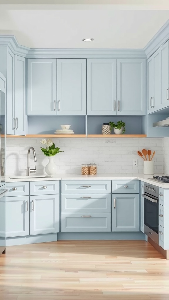 A U-shaped kitchen featuring light blue cabinets, a wooden shelf, and a modern design.