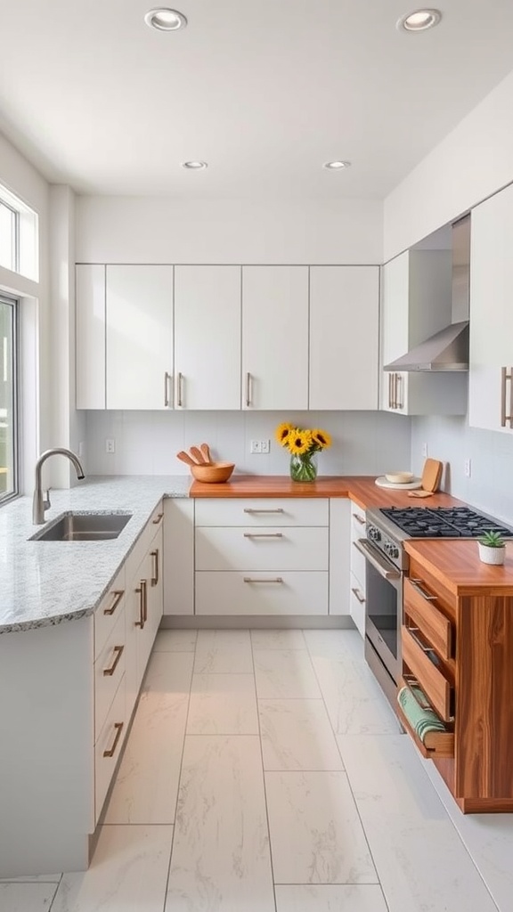 Modern U-shaped kitchen featuring a combination of granite and wood countertops, with white cabinets and stainless steel appliances.