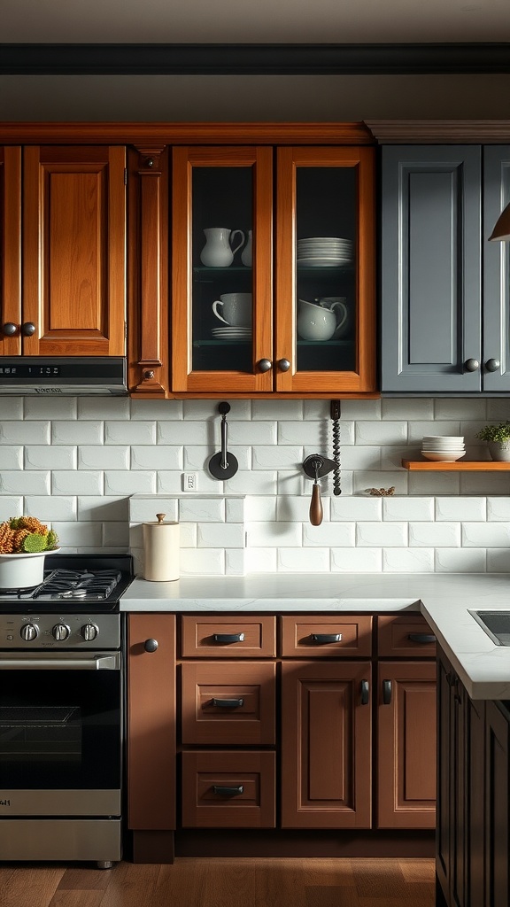 A modern kitchen featuring a mix of warm wood-toned upper cabinets and darker lower cabinets, showcasing a stylish contrast.
