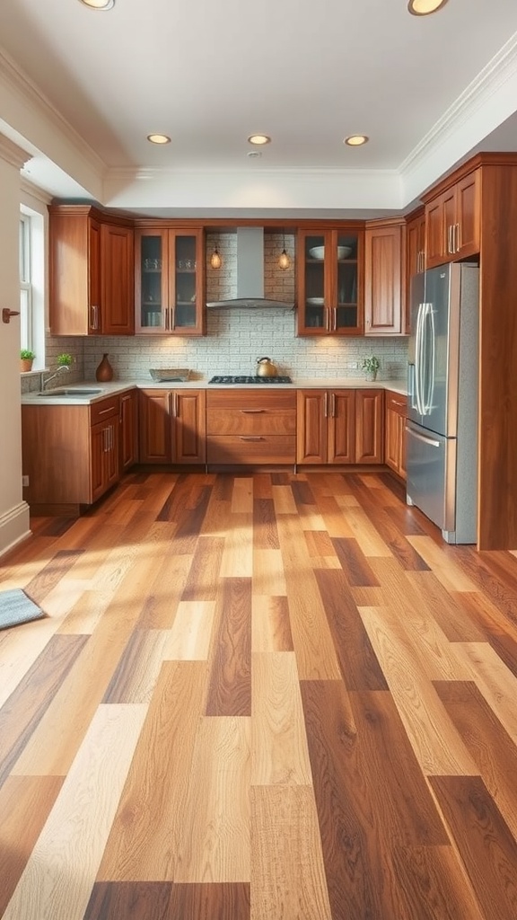 A U-shaped kitchen with wooden flooring and rich cabinetry.