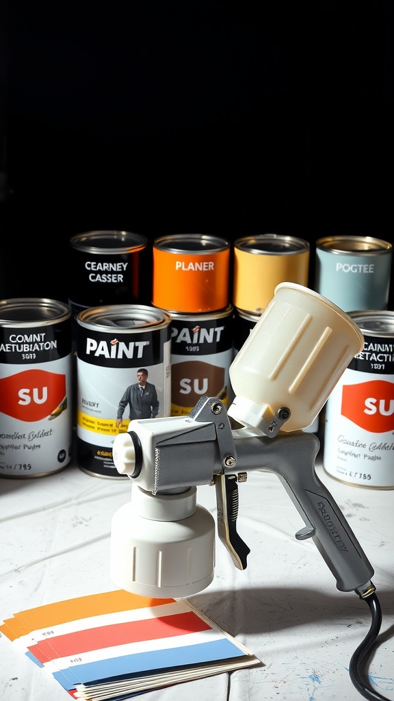 A paint sprayer with several cans of paint and color swatches displayed.