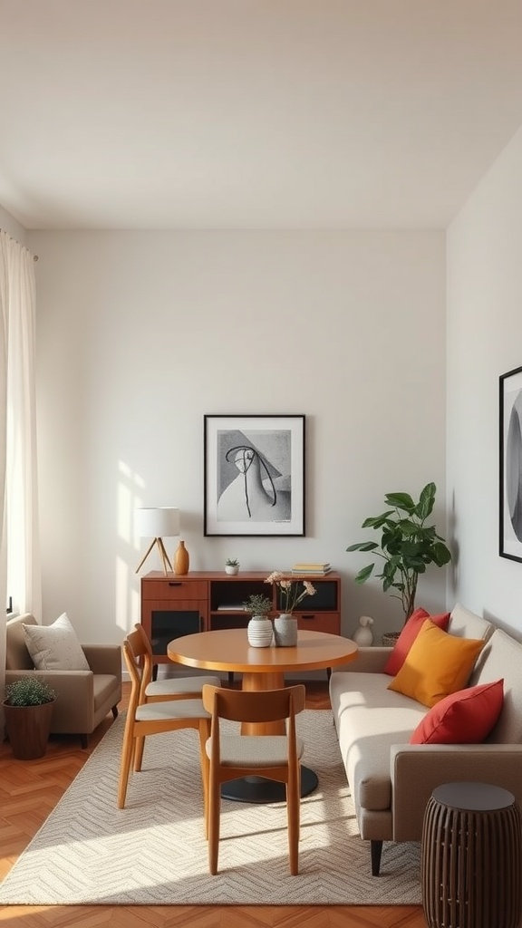 Cozy living dining room combo featuring a round table, sofa, and decorative elements.