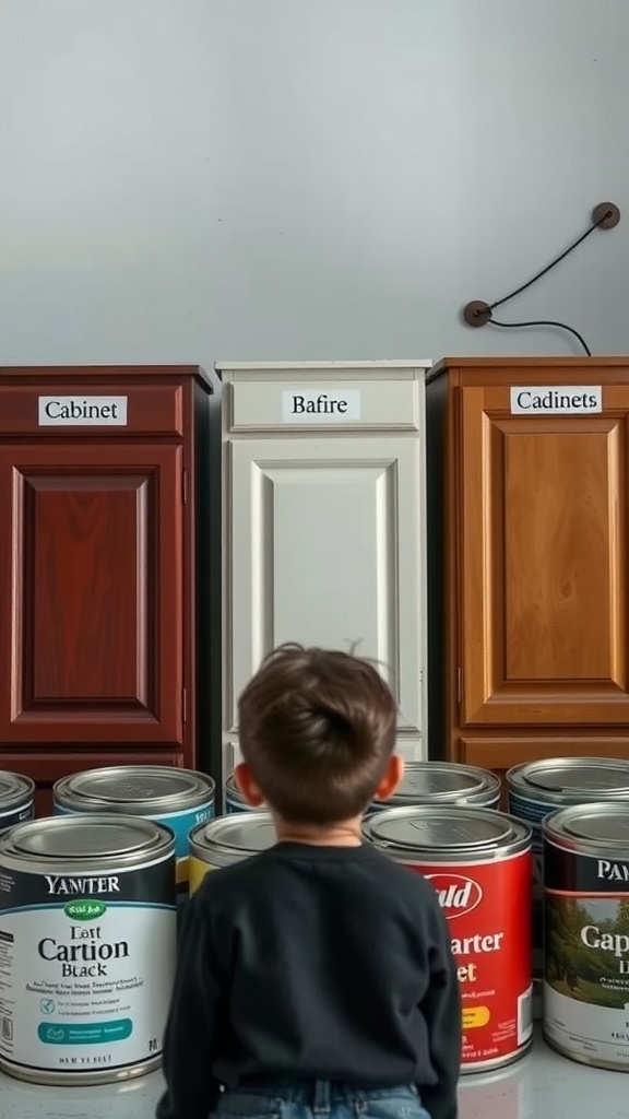 A child looks at various cabinet samples and paint cans, pondering paint choices.