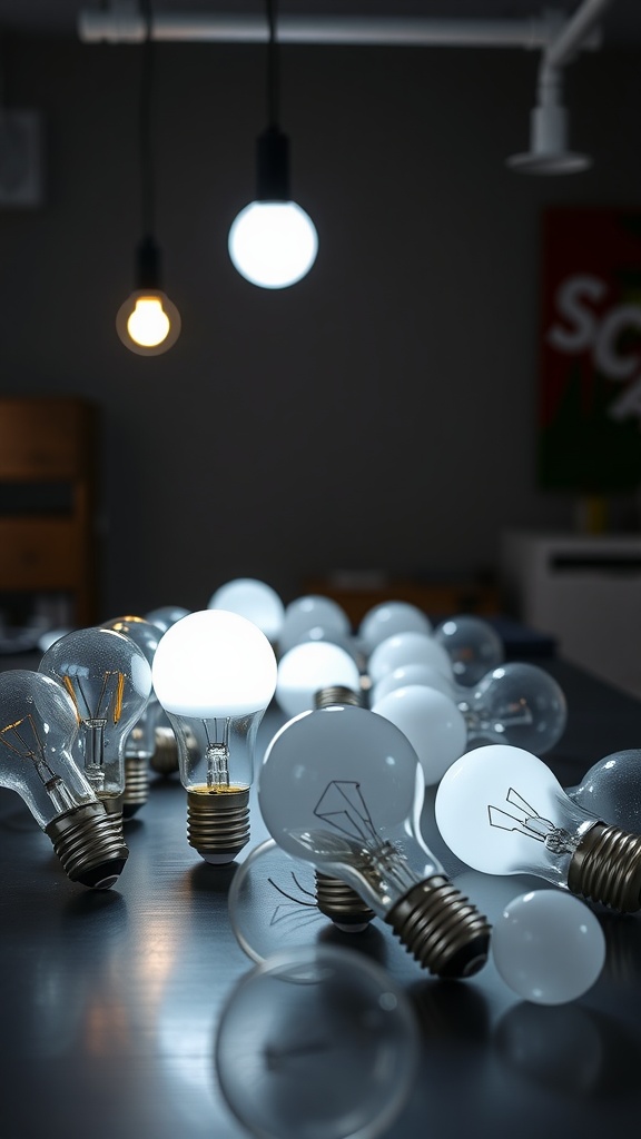 A collection of various light bulbs with different brightness levels arranged on a table.