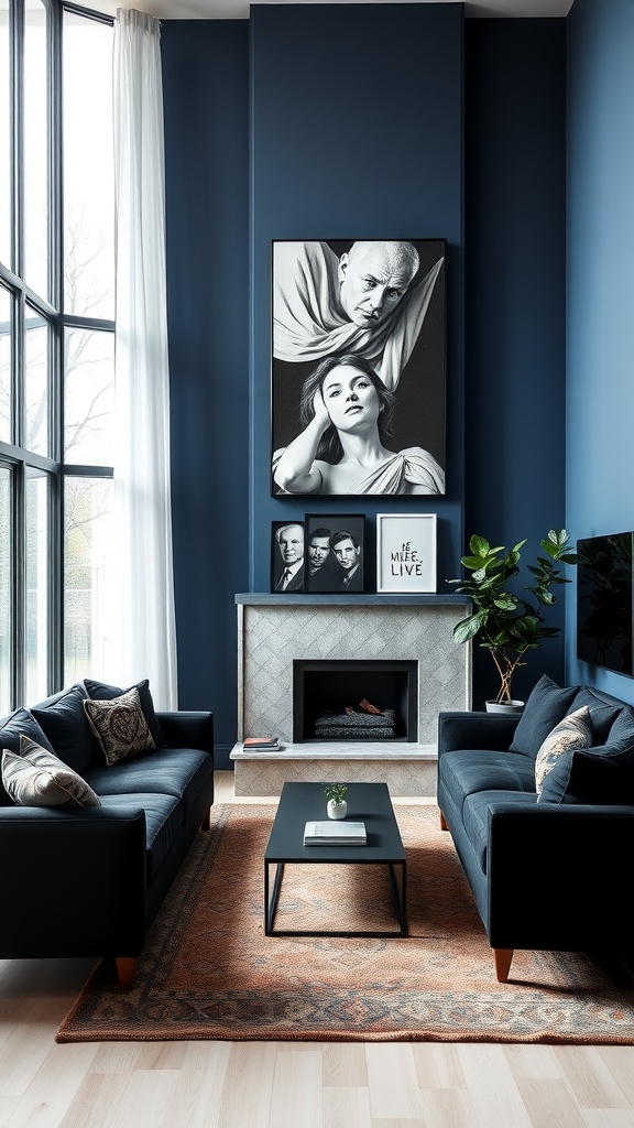 Living room featuring Cinder Blue walls, dark sofas, and striking black and white artwork.