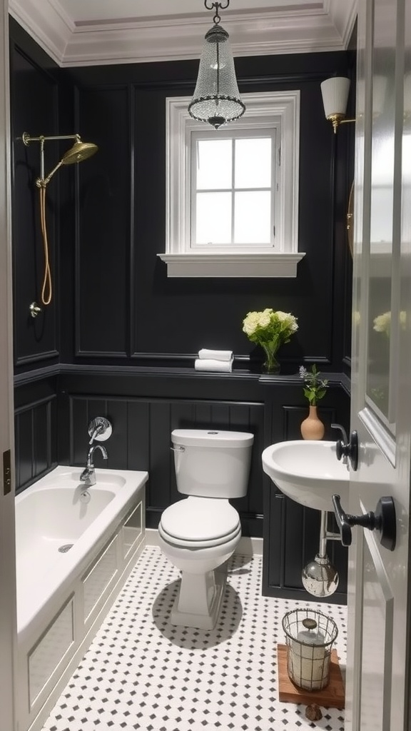 A small black and white bathroom featuring paneling, a bathtub, and decorative elements.