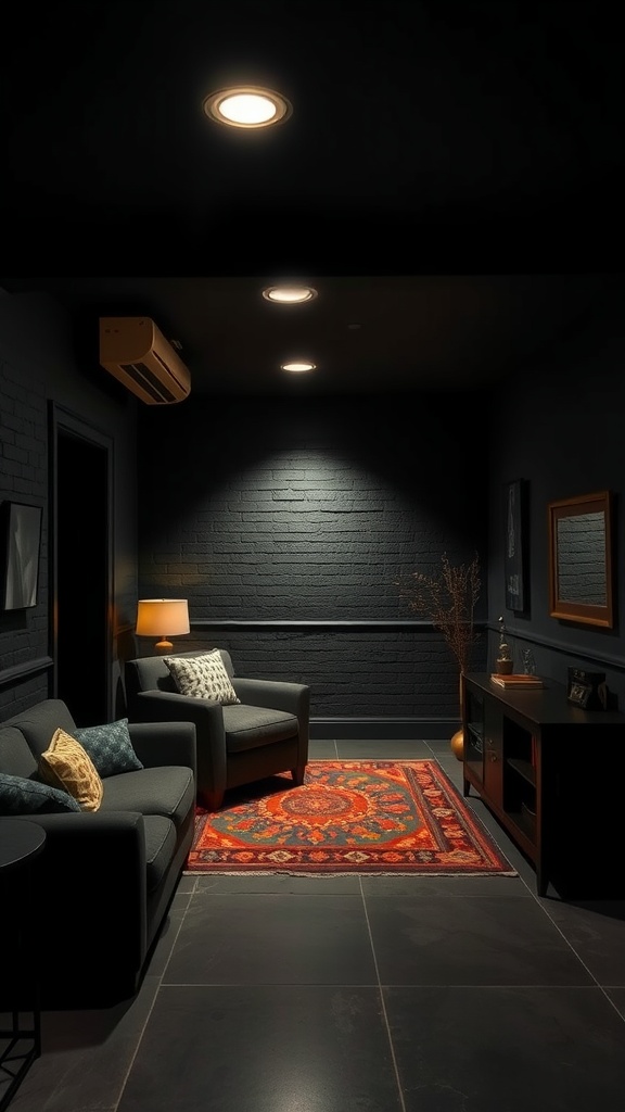 A chic black-painted basement with stylish furniture and warm lighting