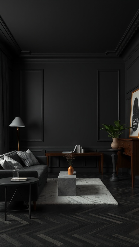 A modern living room with black walls, a gray couch, and minimalist decor, highlighting the use of classic black for sophistication.