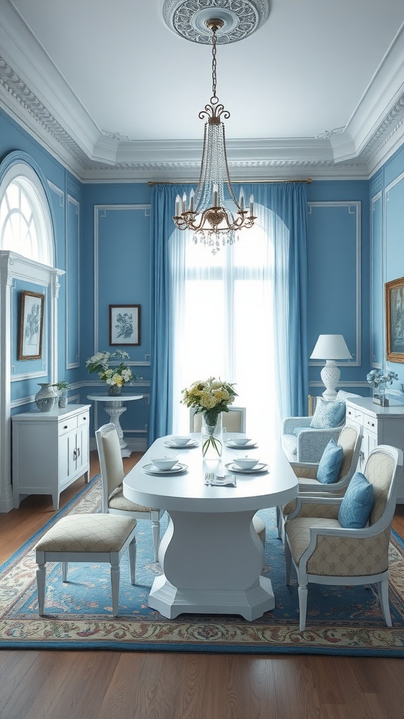 A cozy living room and dining room combo featuring blue walls, white furniture, and a chandelier.