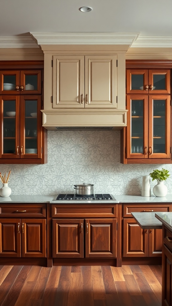 A kitchen with classic cherry and soft beige cabinets, featuring a patterned backsplash and a stylish countertop.