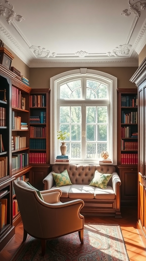 A classic home library featuring a cozy window seat, elegant bookshelves, and intricate ceiling details.