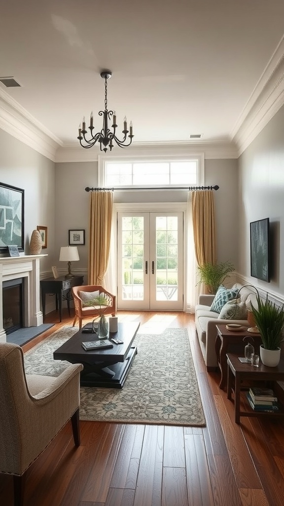 A stylish living room-dining room combo featuring a chandelier, gray walls, warm wooden floors, and elegant furniture.