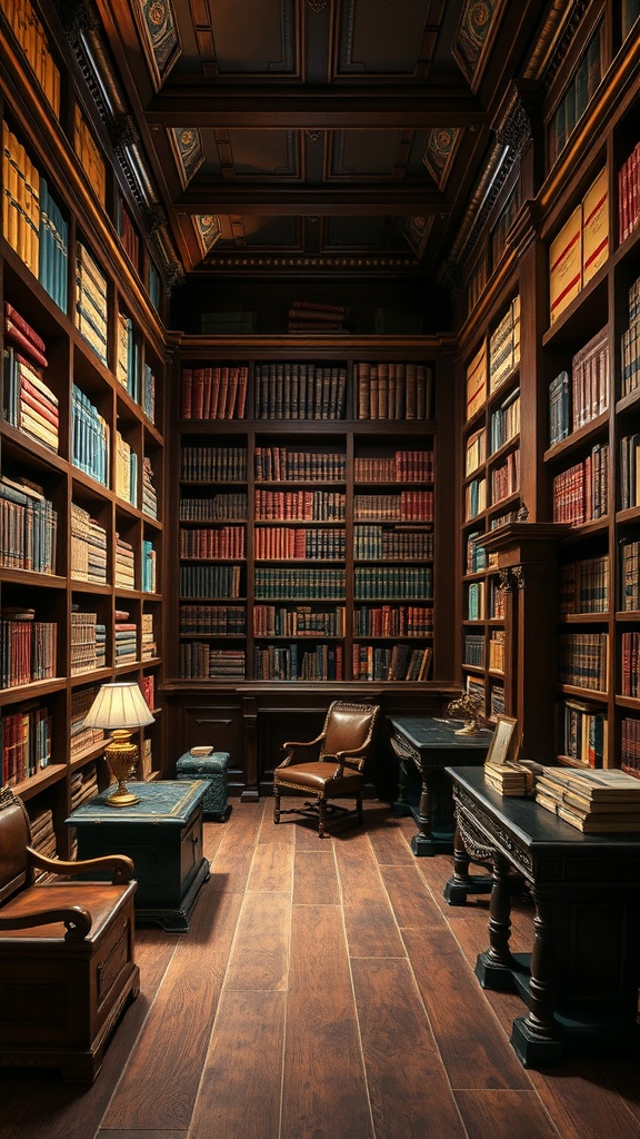 A classic English library featuring wooden shelves filled with leather-bound books, a cozy chair, a stylish lamp, and dark wood furniture.