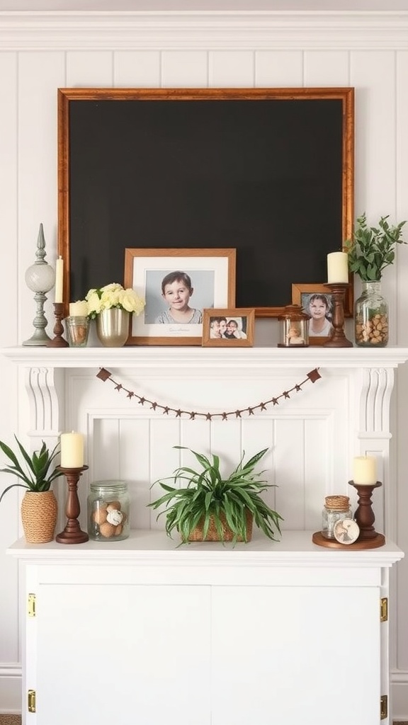 Classic farmhouse style mantel with decorative elements including a chalkboard, family photos, candles, and plants.