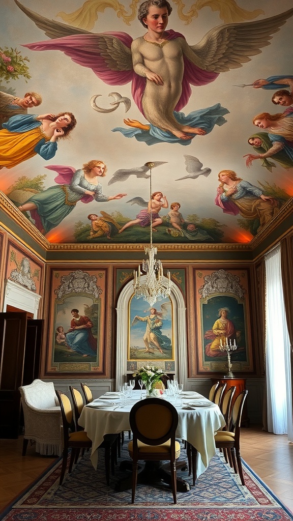 Luxurious Italian dining room with a classic fresco ceiling featuring angels and vibrant figures.