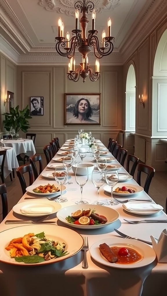 A luxurious Italian dining room featuring a long table set with elegant dishes and a chandelier above.