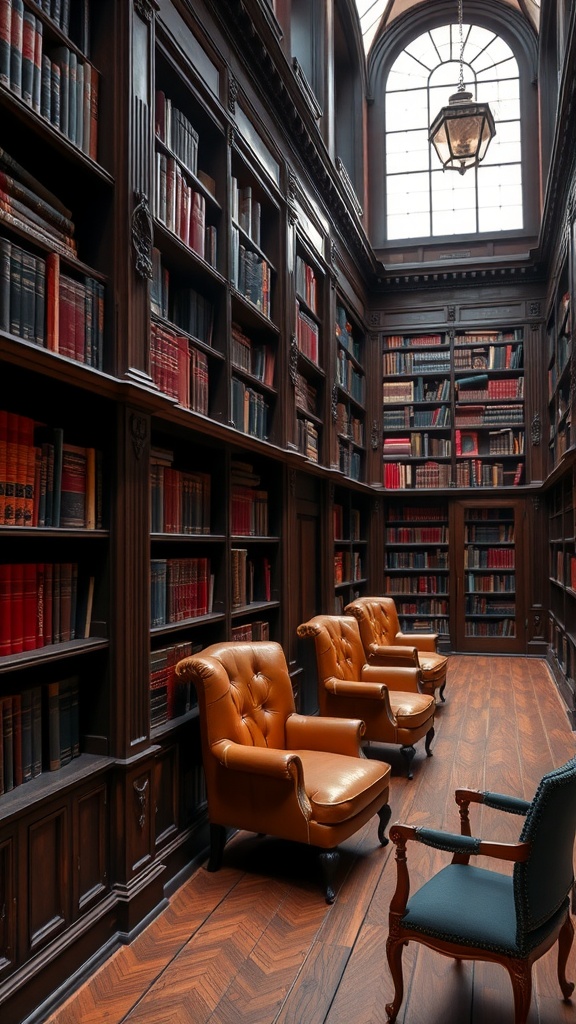 A classic home library with leather-bound books and comfortable seating