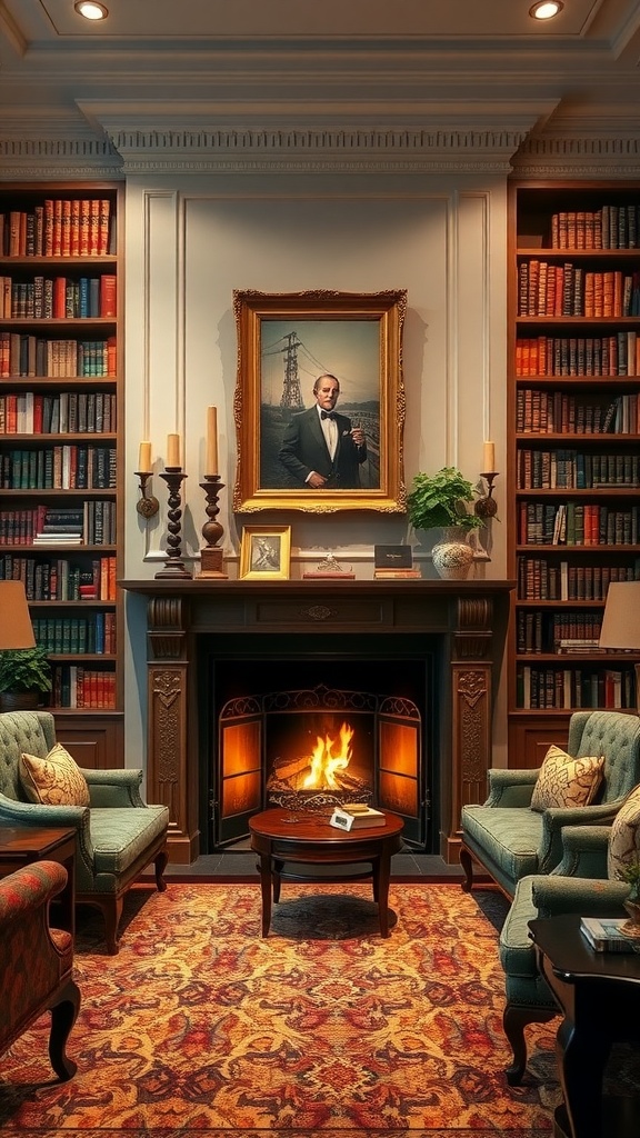 A classic library featuring a cozy fireplace, colorful bookshelves, and elegant decor.