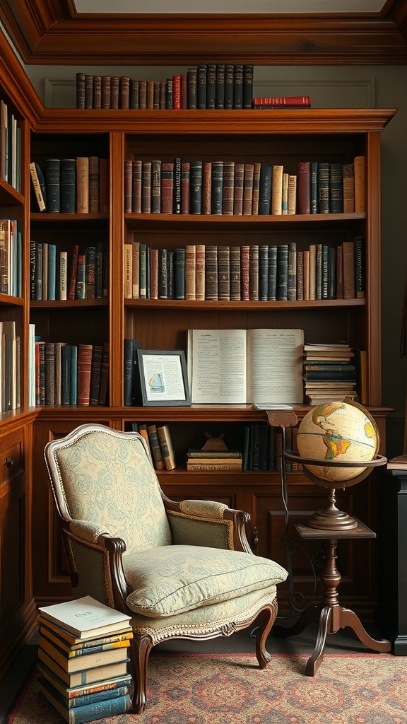 A cozy classic library with wooden shelves filled with books, a comfortable armchair, and a globe on a side table.