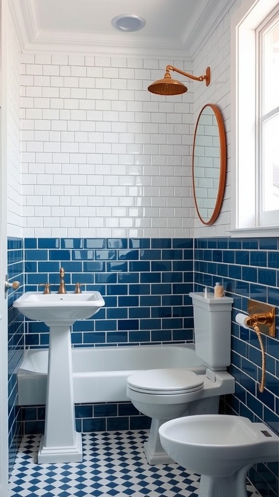 A stylish bathroom featuring classic navy tiles and white fixtures with gold accents.