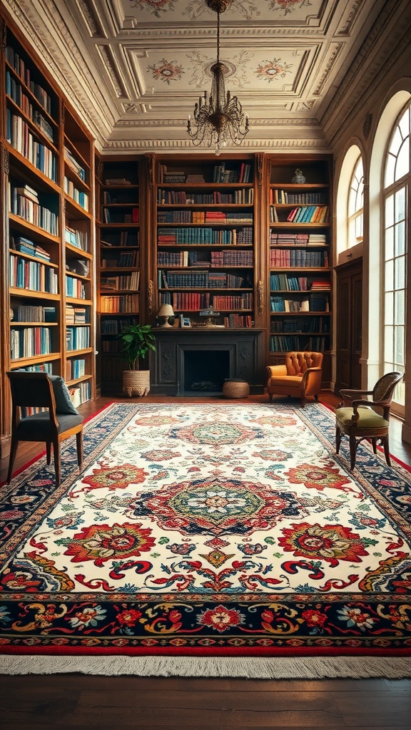 A classic library with an ornate Persian rug, wooden bookshelves, and comfortable seating.