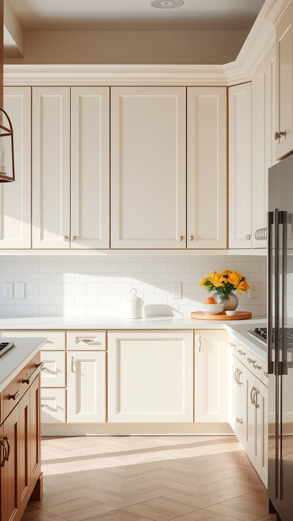 A kitchen featuring classic Shaker style cabinets in cream color with a bright sunny arrangement.