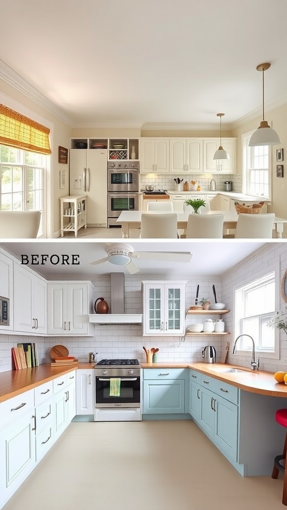 Before and after images of a kitchen remodel showing a transformation from classic white cabinetry to contemporary blue accents.