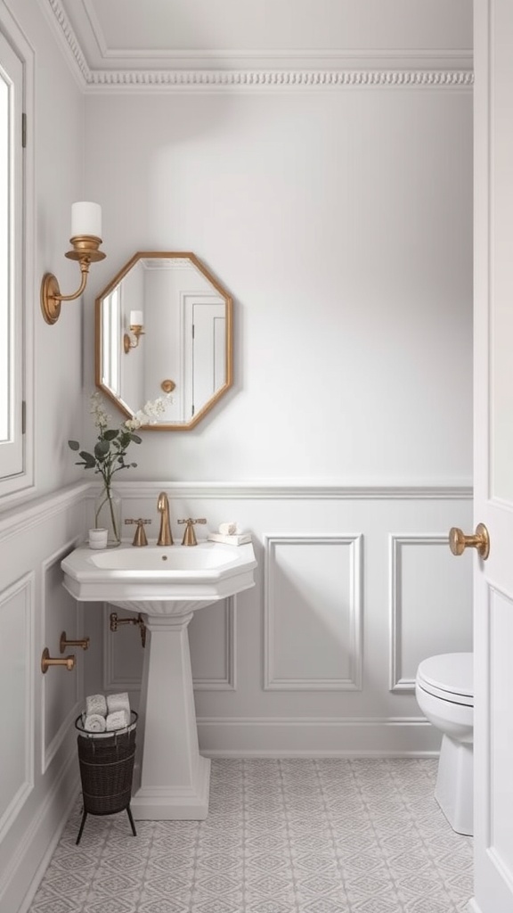 Small transitional bathroom featuring classic wainscoting, elegant fixtures, and a serene color palette.