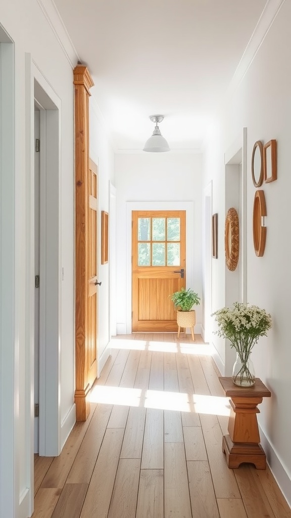 Bright white hallway with wooden doors and flooring, showcasing classic farmhouse style