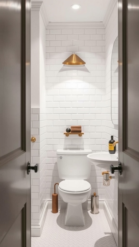 A small bathroom featuring white subway tiles, a white toilet, and a stylish brass light fixture.