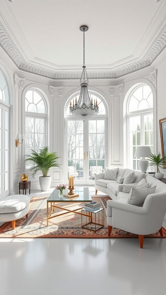 Elegant living room with white walls, large windows, a chandelier, and stylish furniture.