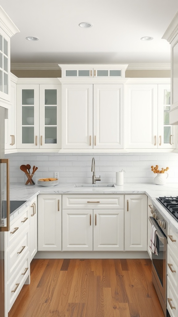 A stylish kitchen featuring classic white shaker cabinets with glass panels and gold hardware.