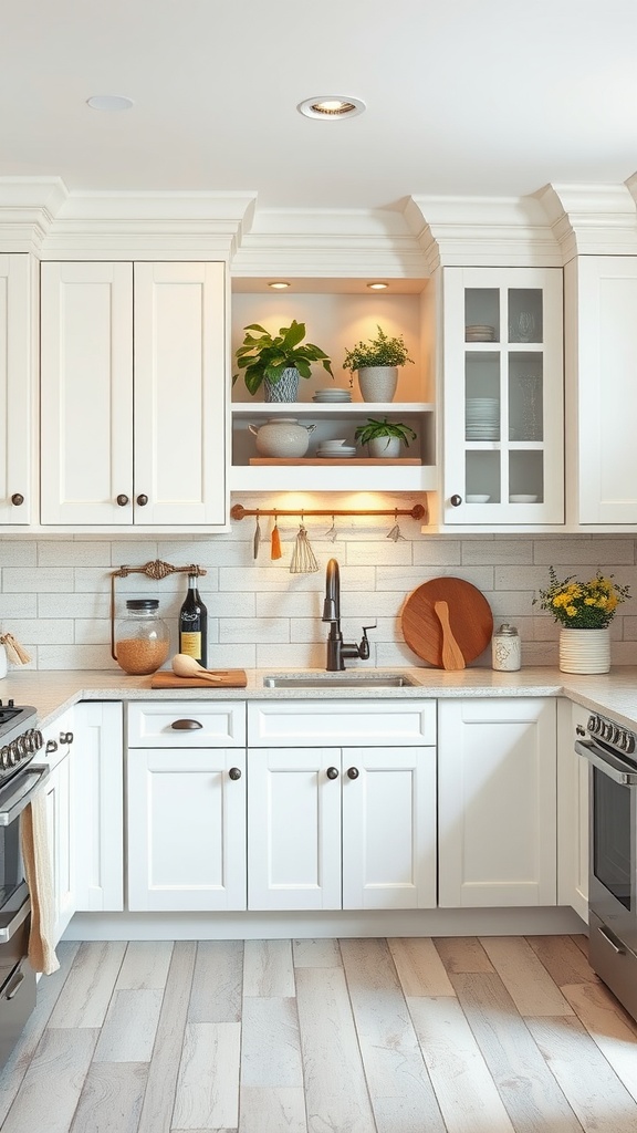 A modern farmhouse kitchen featuring classic white shaker cabinets with open shelving and stylish decor.