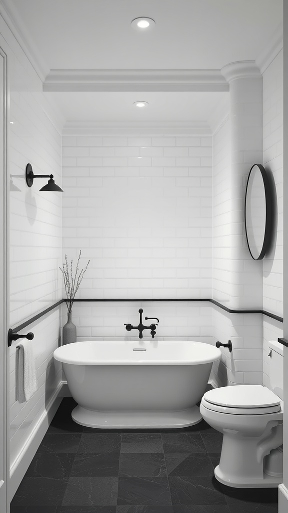 A modern bathroom featuring white subway tiles, a freestanding tub, charcoal accents, and black flooring.